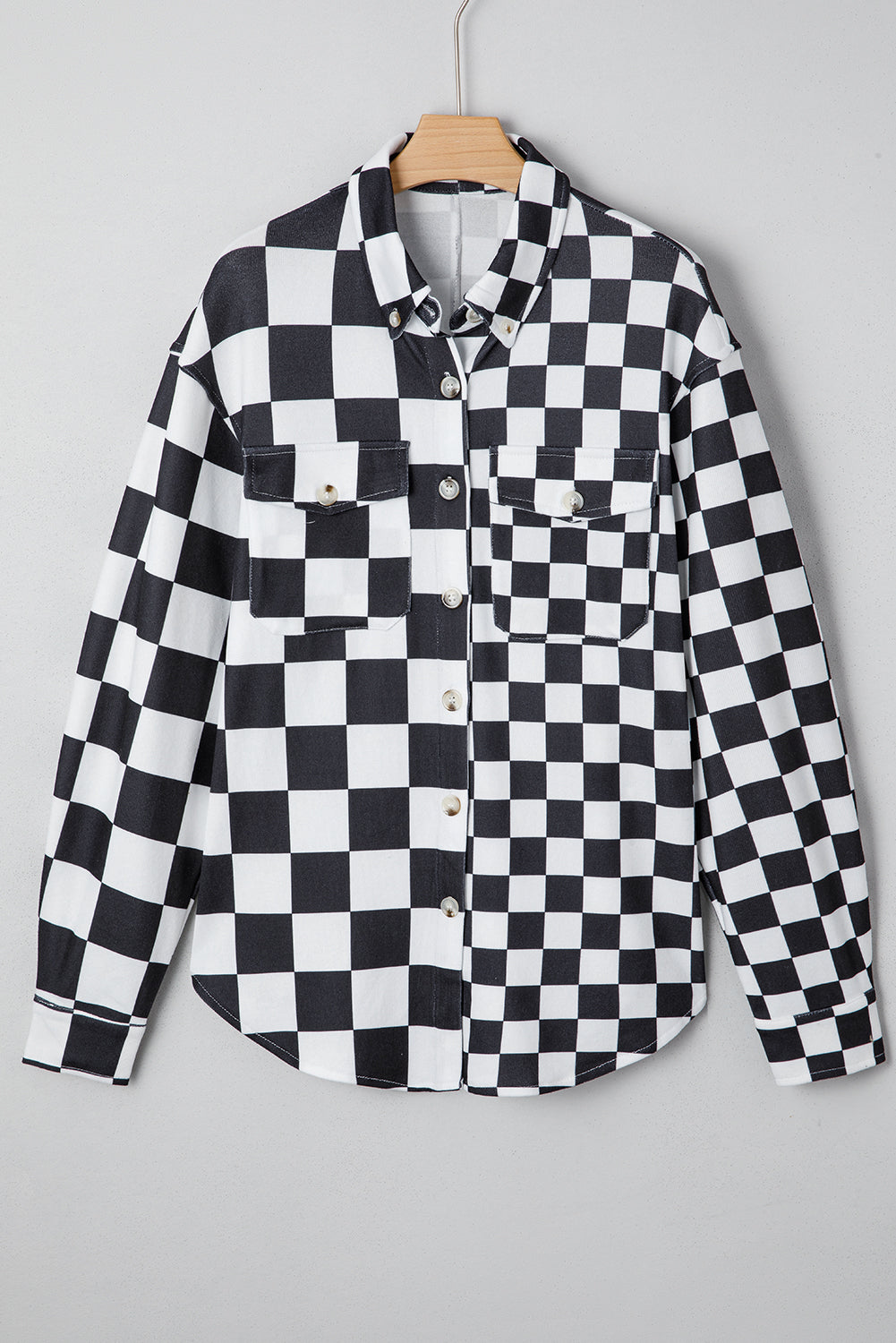 Black Checkerboard Flap Pocket Button Front Shacket