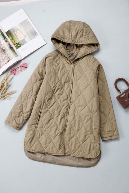 Khaki Quilted Snap Button Hooded Puffer Coat