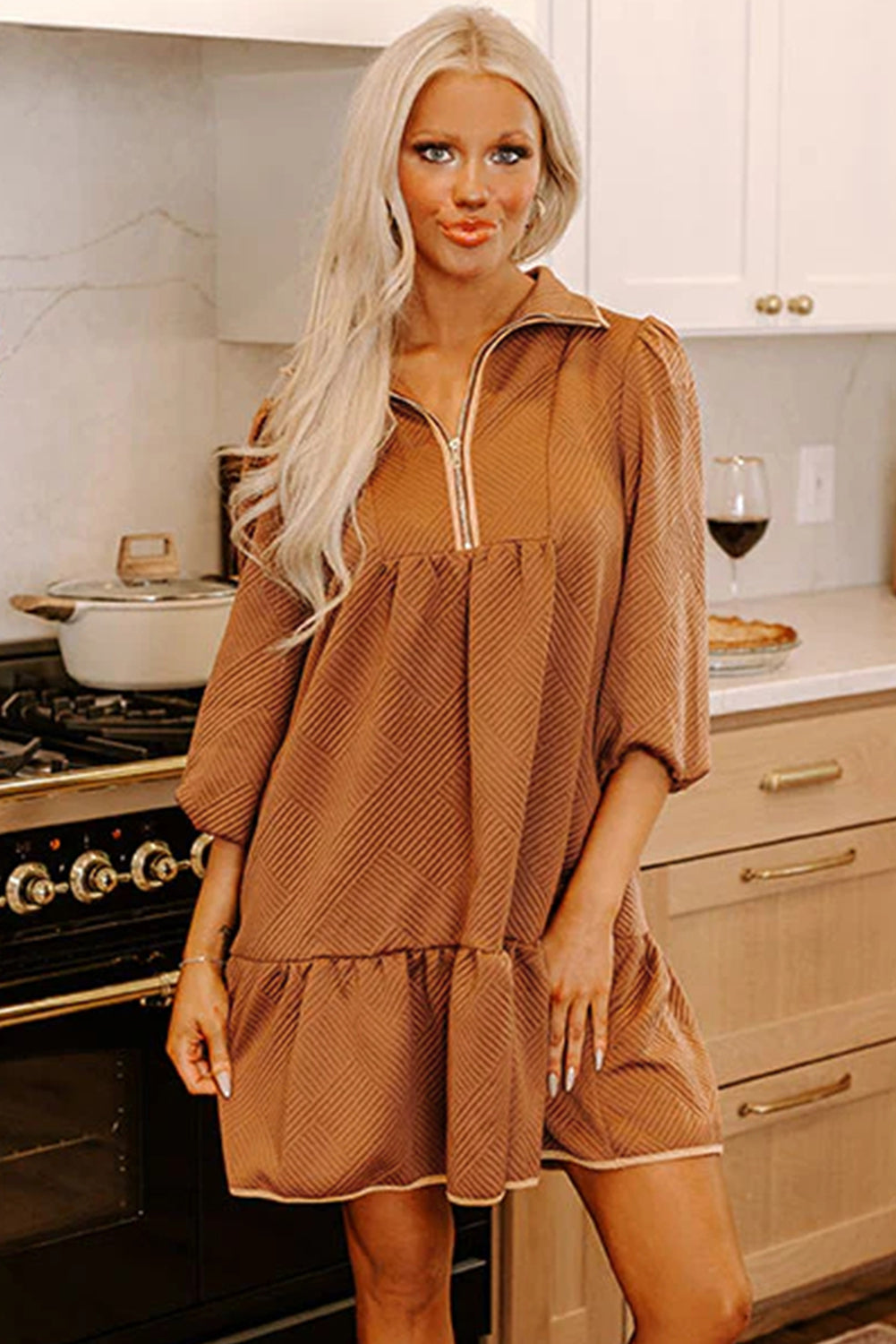 Desert Gold Quarter Zip Collar Bracelet Sleeve Textured Mini Dress