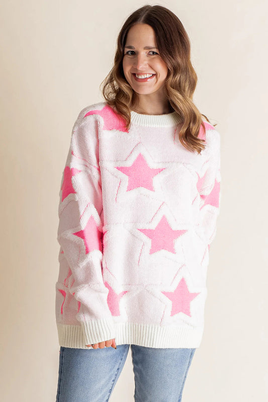 Sachet Pink Oversized Cute Star Pattern Ribbed Edge Drop Shoulder Sweater