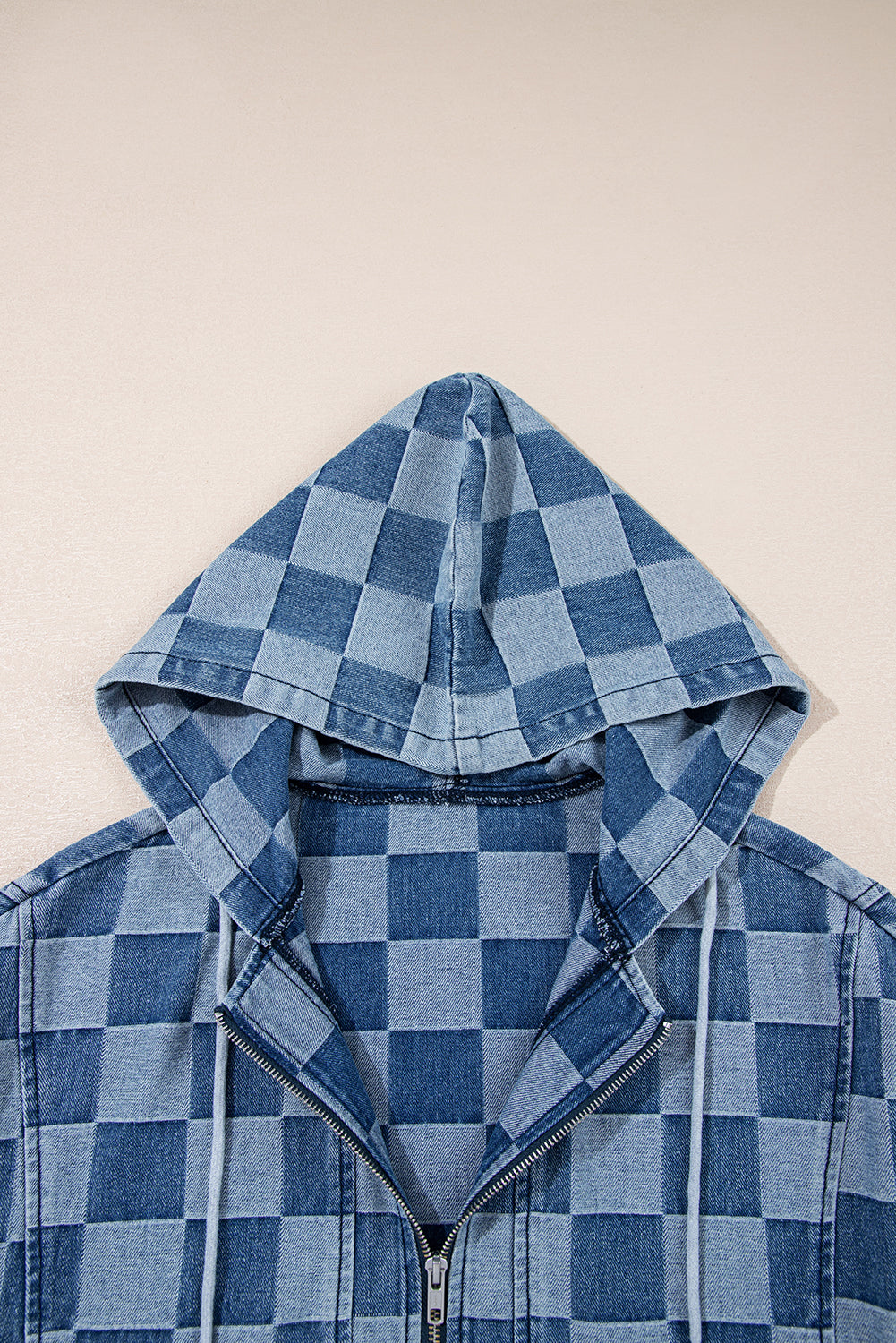 Sky Blue Checkerboard Zipped Neck Kangaroo Pocket Denim Hoodie