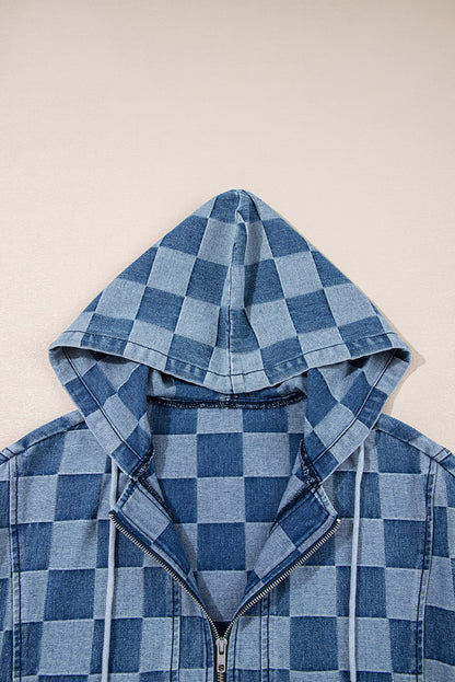 Sky Blue Checkerboard Zipped Neck Kangaroo Pocket Denim Hoodie