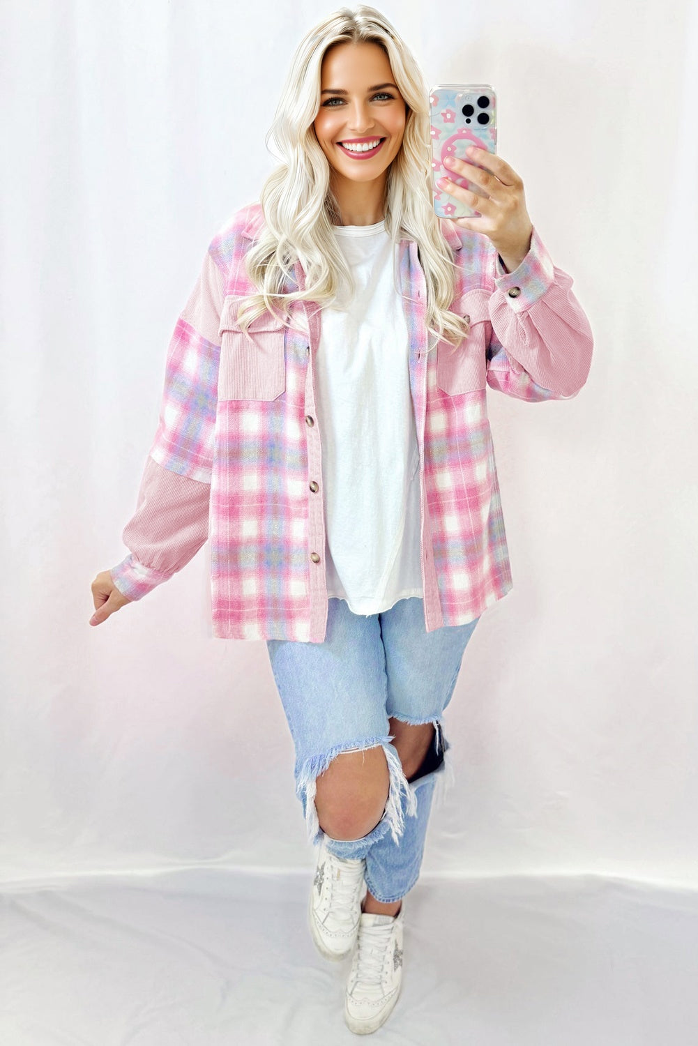 Pink Brushed Plaid Corduroy Flap Pockets Patchwork Shacket