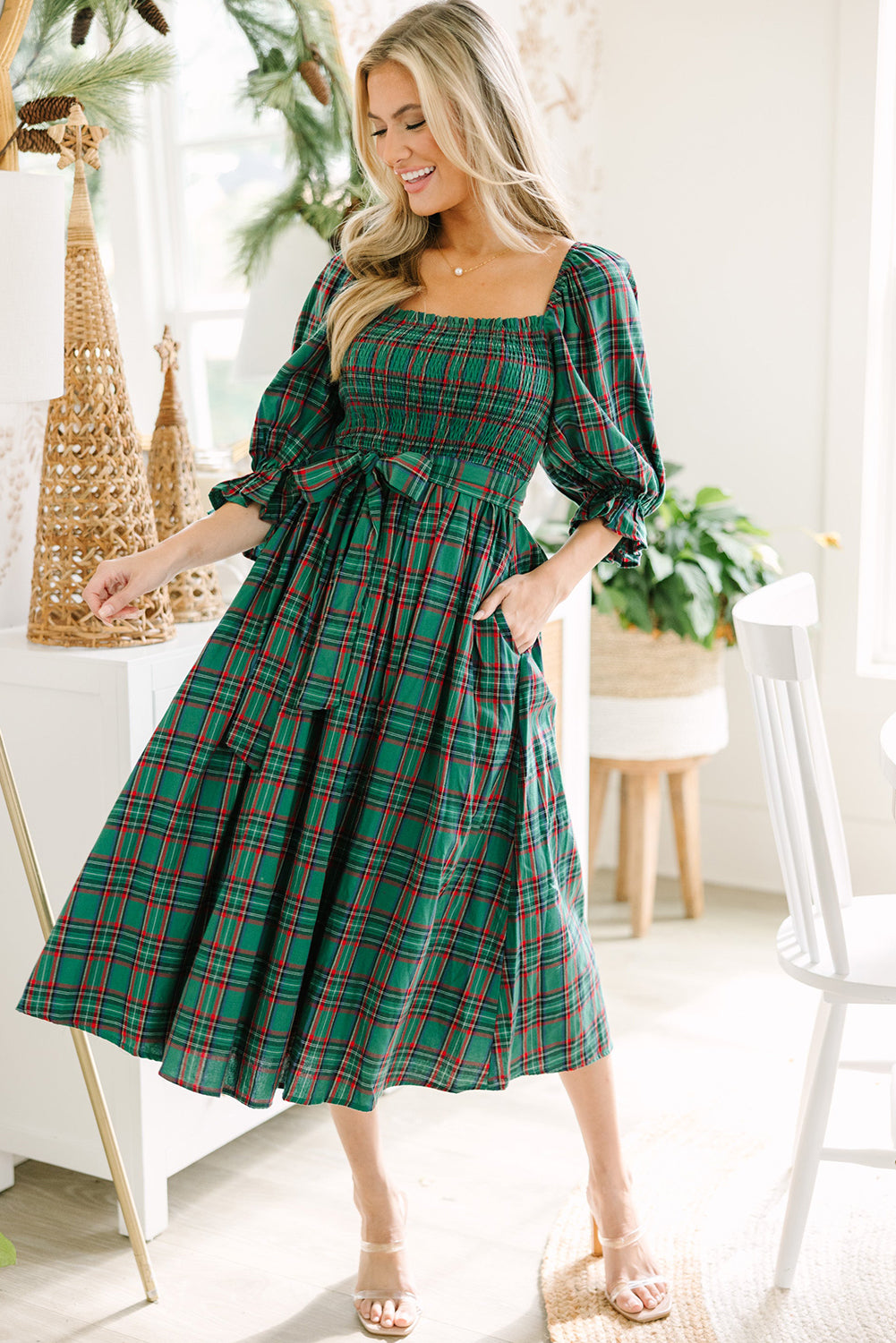 Green Tartan Plaid Square Neck Puff Sleeve Knot Waist Flared Midi Dress