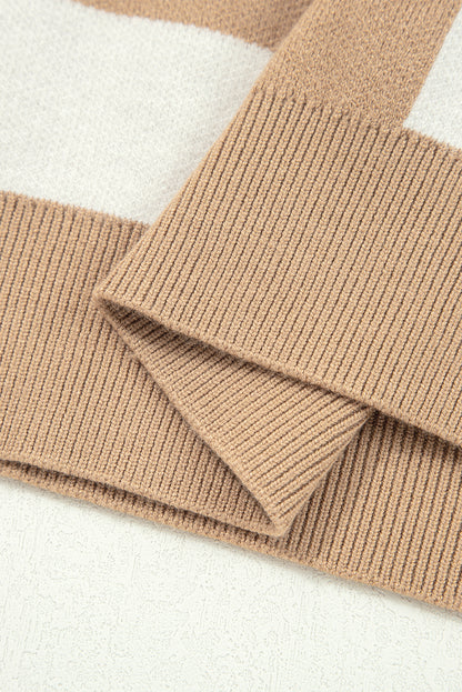 Light French Beige Checkered Pattern Loose Drop Shoulder Half Sleeve Sweater