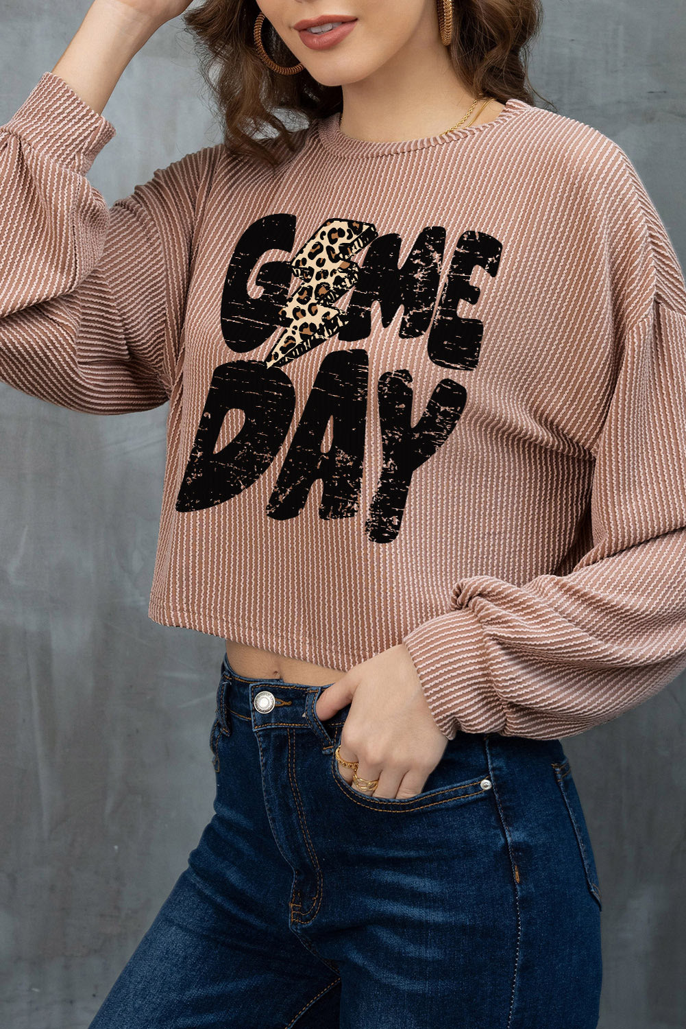 Khaki Game Day Graphic Crop  Football Knit Top