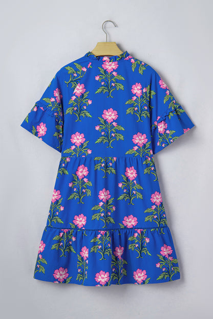 Blue V Neck Short Sleeve Loose Flower Dress