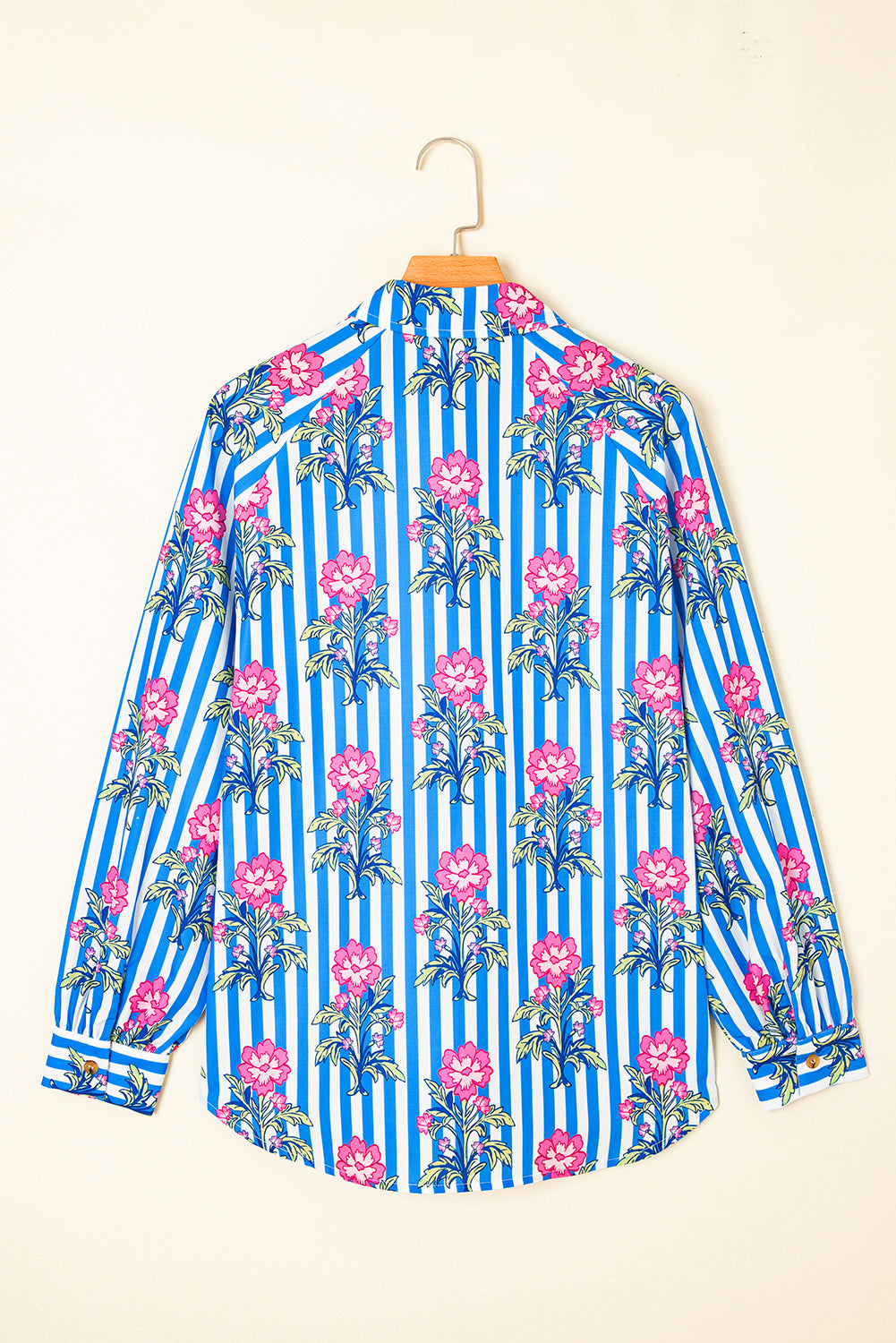 Blue Striped Floral Print Buttoned Cuffs Loose Fit Shirt