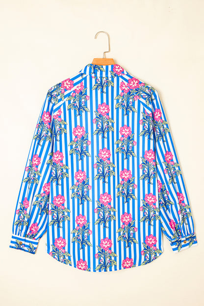 Blue Striped Floral Print Buttoned Cuffs Loose Fit Shirt