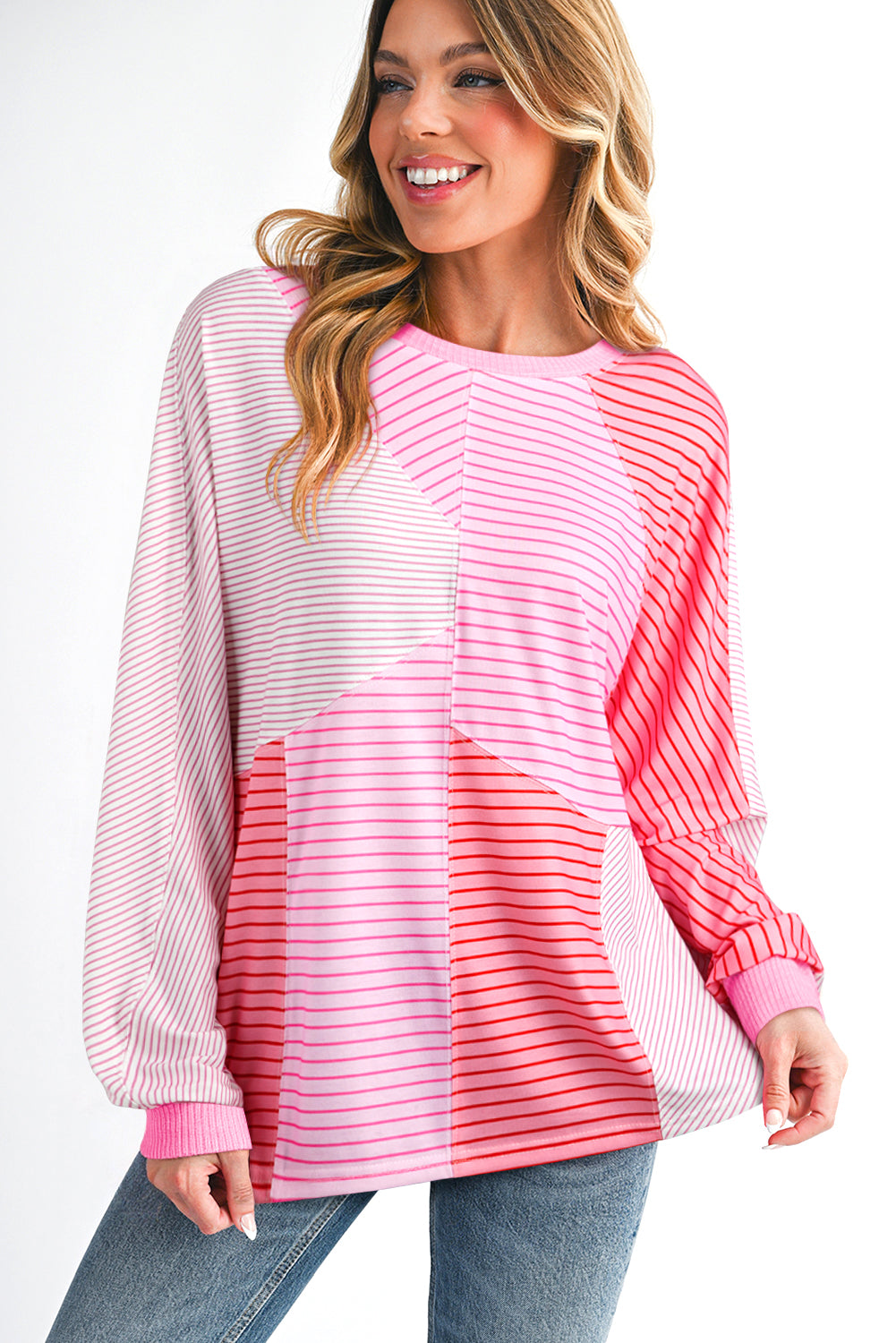 Sachet Pink Striped Colorblock Exposed Seam Casual Long Sleeve Top
