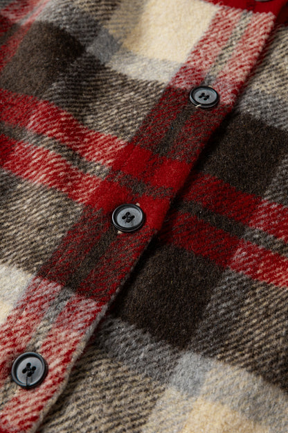 Red Brushed Plaid Buttoned Front Side Slit Tunic Shacket