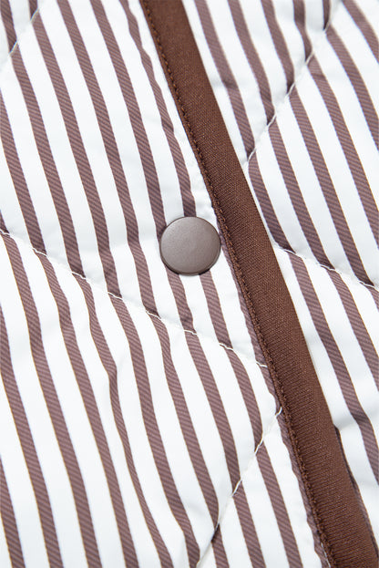 Brown Stripe Snap Button Scalloped Hem Collared Vest