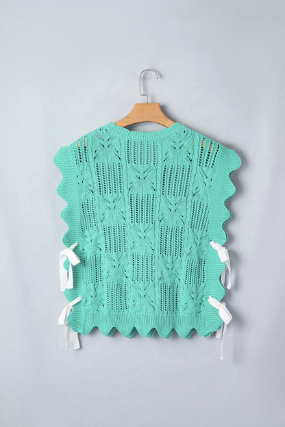 Mint Green Pointelle Knit Patterned Scalloped Trim Short Sleeve Sweater