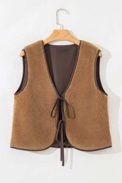 Light French Beige Contrast Trim Tie Front Sherpa Vest