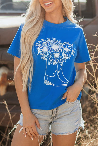 Blue Sunflower Boots Graphic Western Fashion T Shirt