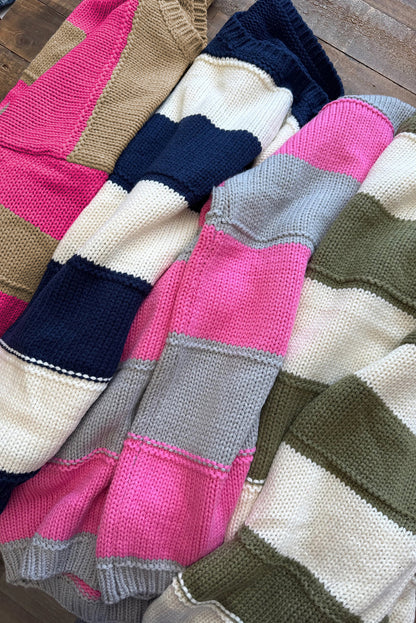 Khaki Stripe Color Block PLus Size Drop Shoulder Sweater