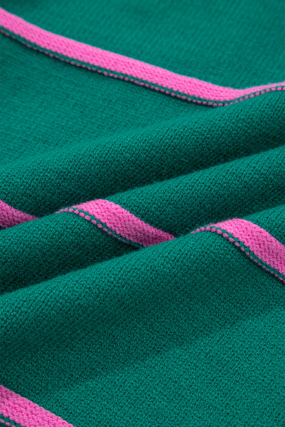 Green Stripe Half Buttons Drop Shoulder Plus Size Sweater