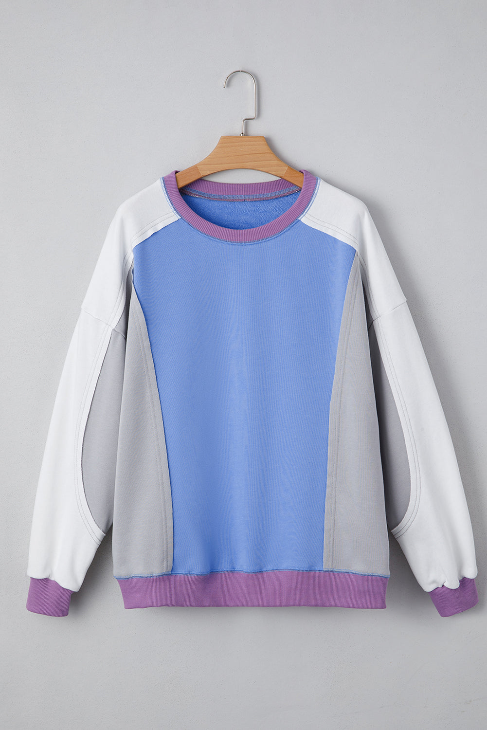 Blue Exposed Seam Colorblock Patchwork Ribbed Trim Pullover Sweatshirt