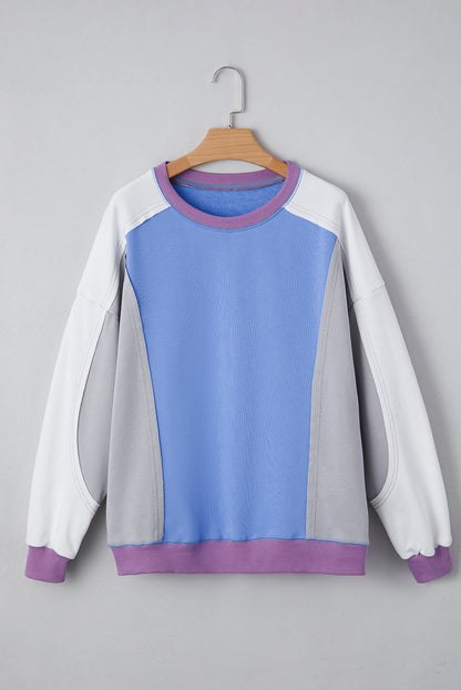 Blue Exposed Seam Colorblock Patchwork Ribbed Trim Pullover Sweatshirt