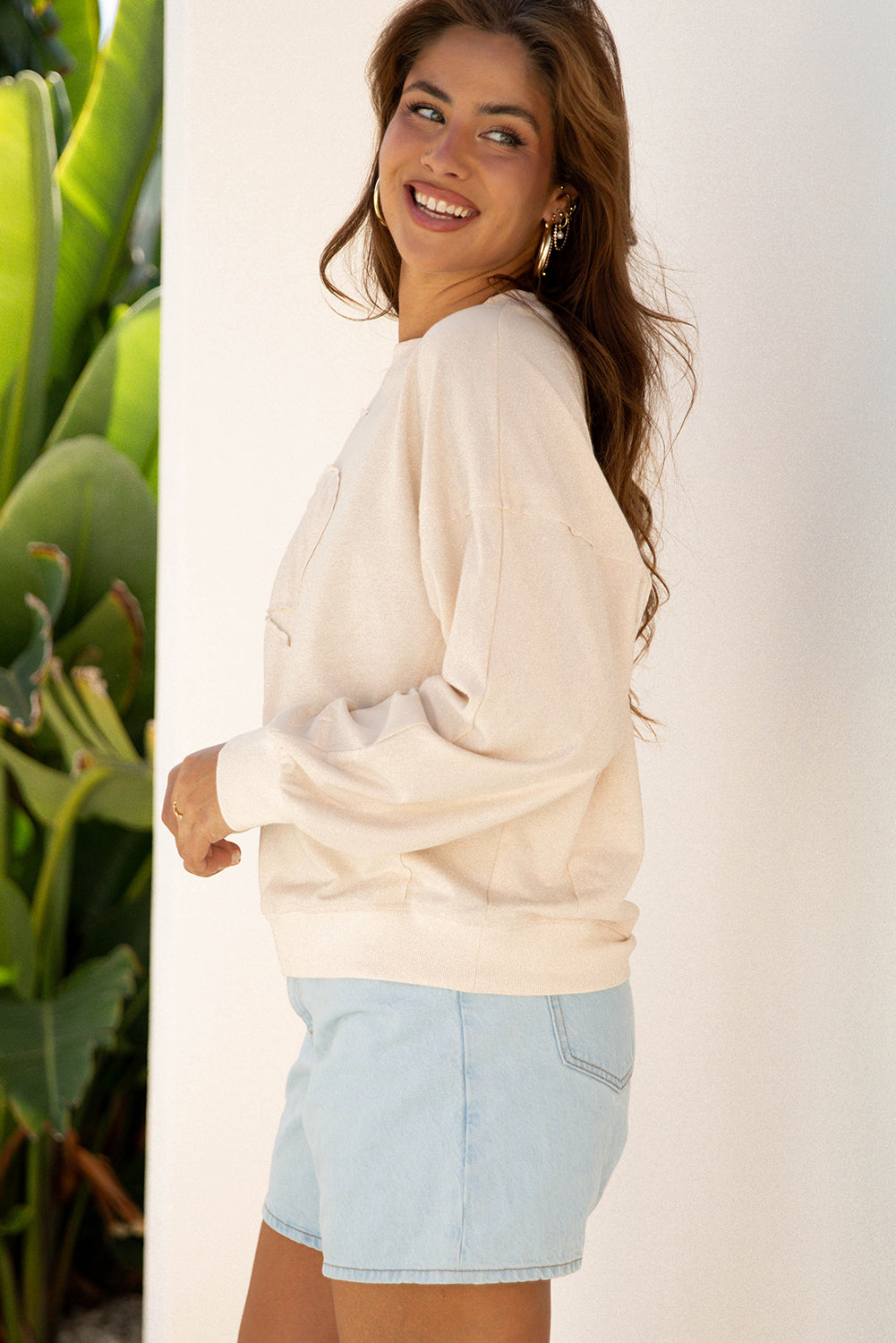 Beige Raw Edge Flower Patch Drop Shoulder Casual Top