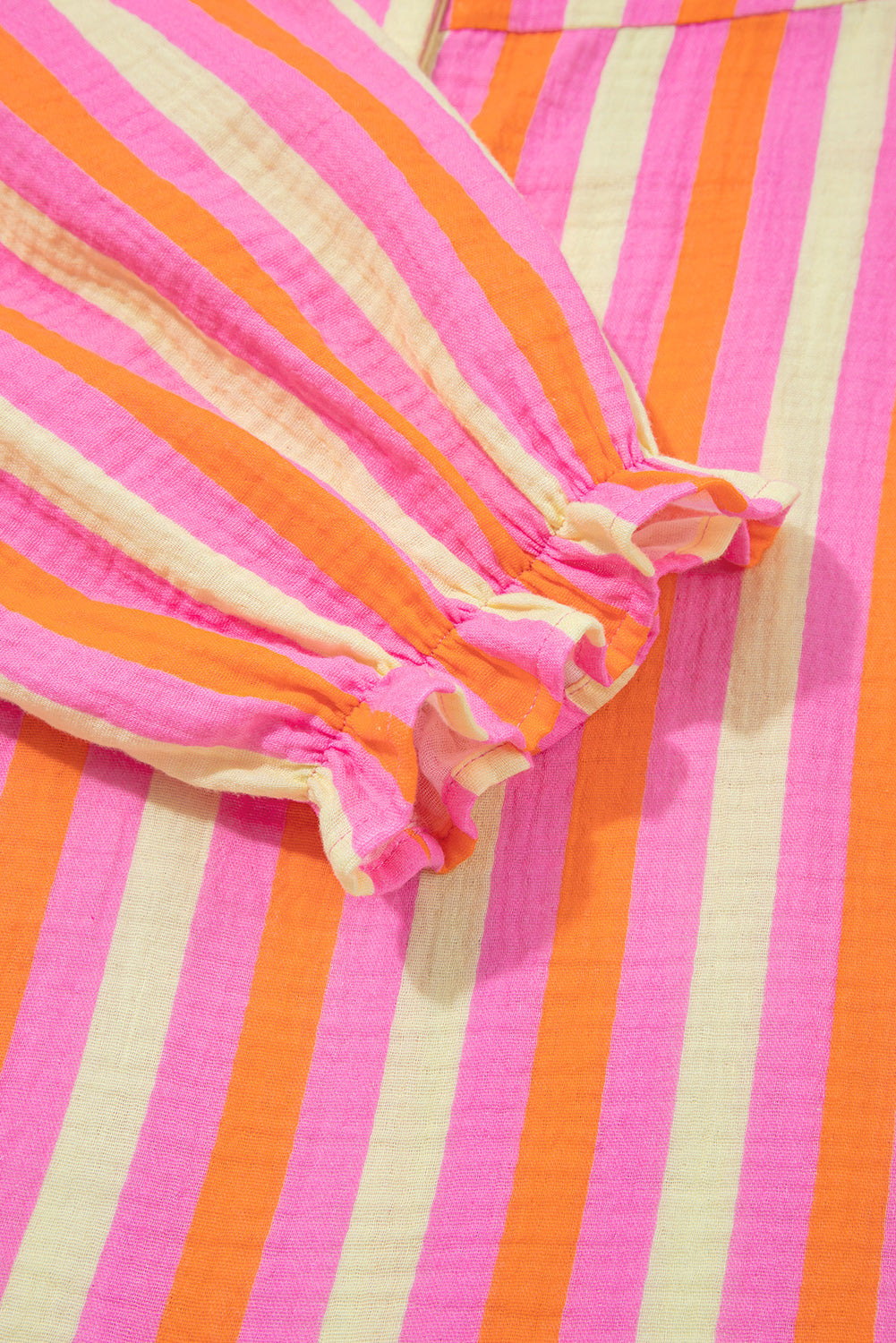 Pink Stripe Crinkled Half Buttons V Neck Plus Size Blouse