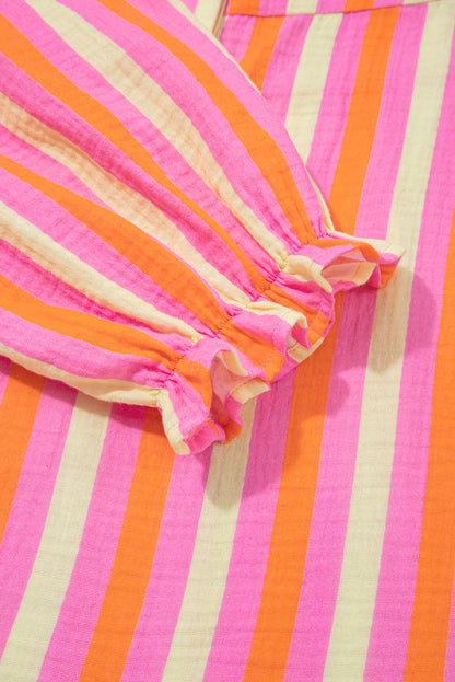 Pink Stripe Crinkled Half Buttons V Neck Plus Size Blouse