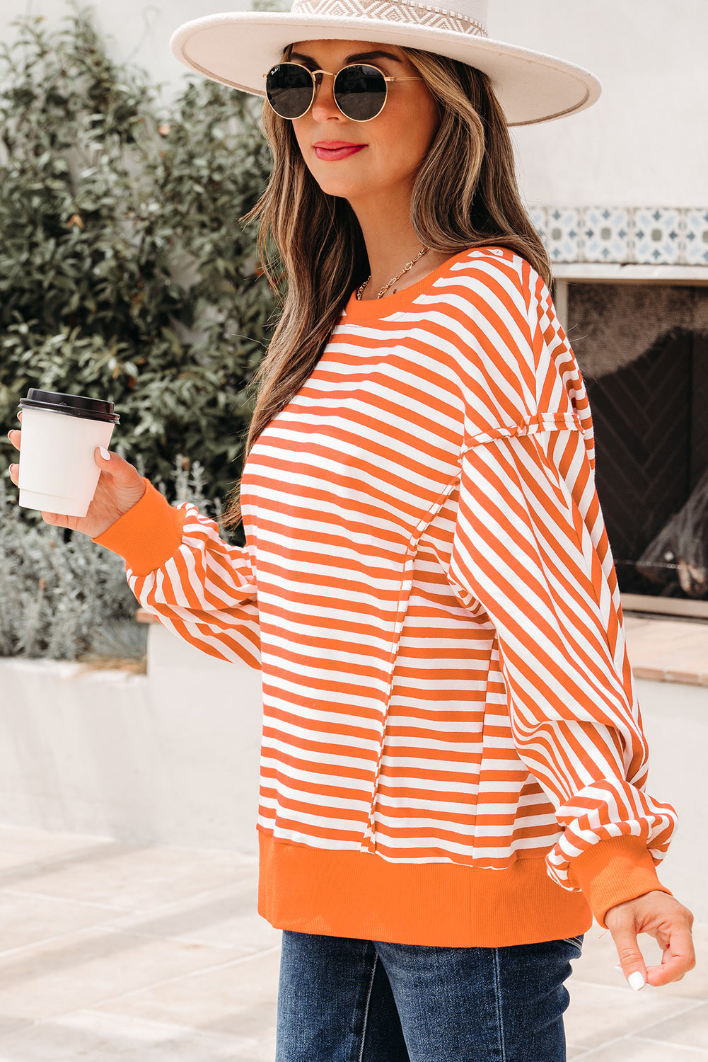 Orange Stripe Exposed Seam Drop Shoulder Casual Pullover Top