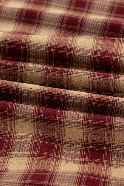 Red Plaid Print Ruffled Long Sleeve Patchwork Hem Mini Shirt Dress