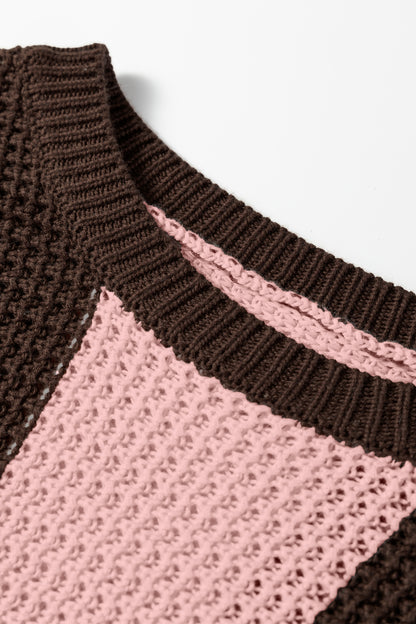 Fushia Striped Color Block Thermal Textured Knit Drop Shoulder Sweater
