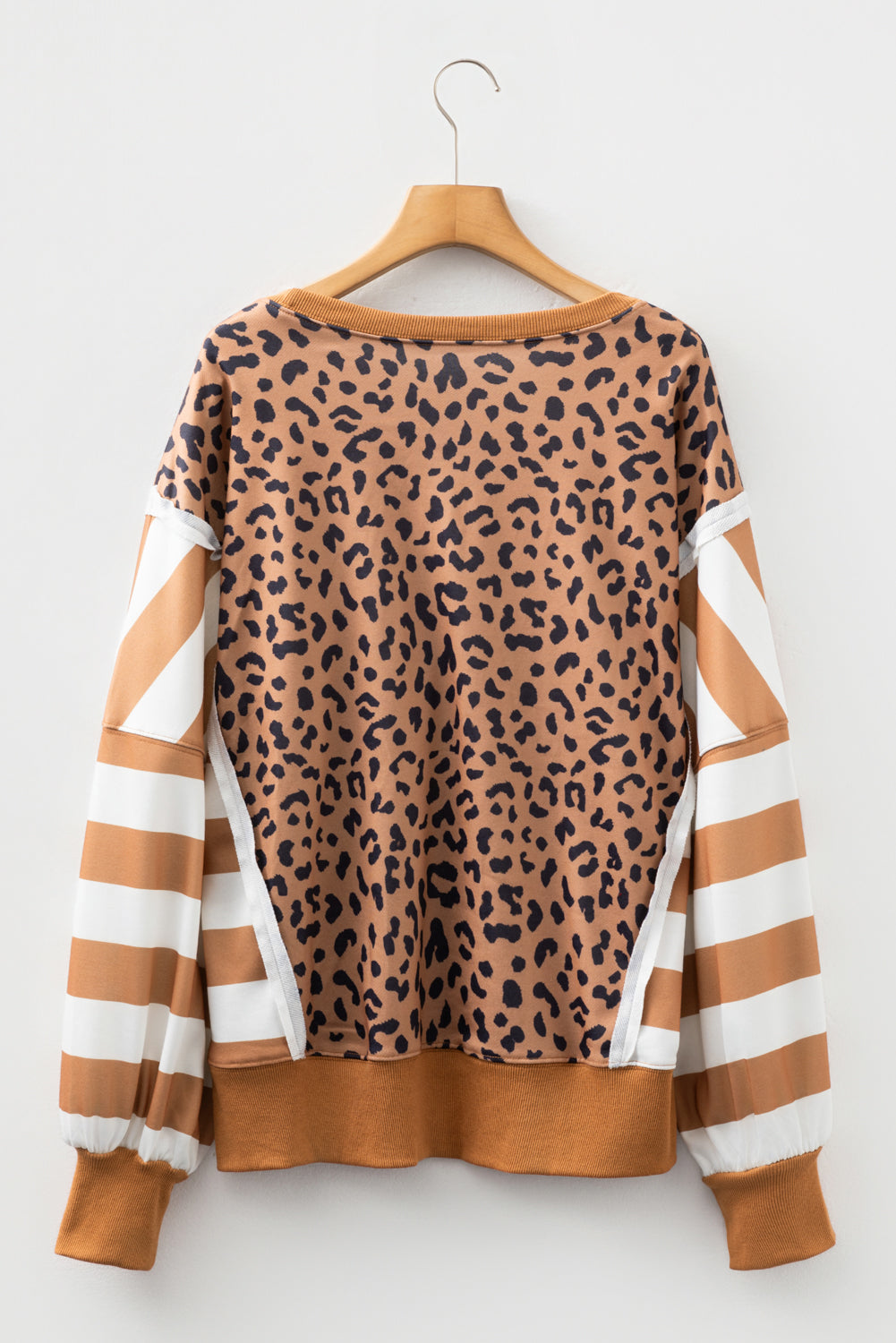 Khaki Stripe Color Block Patchwork Leopard Casual Sweatshirt with Slits