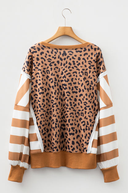 Khaki Stripe Color Block Patchwork Leopard Casual Sweatshirt with Slits