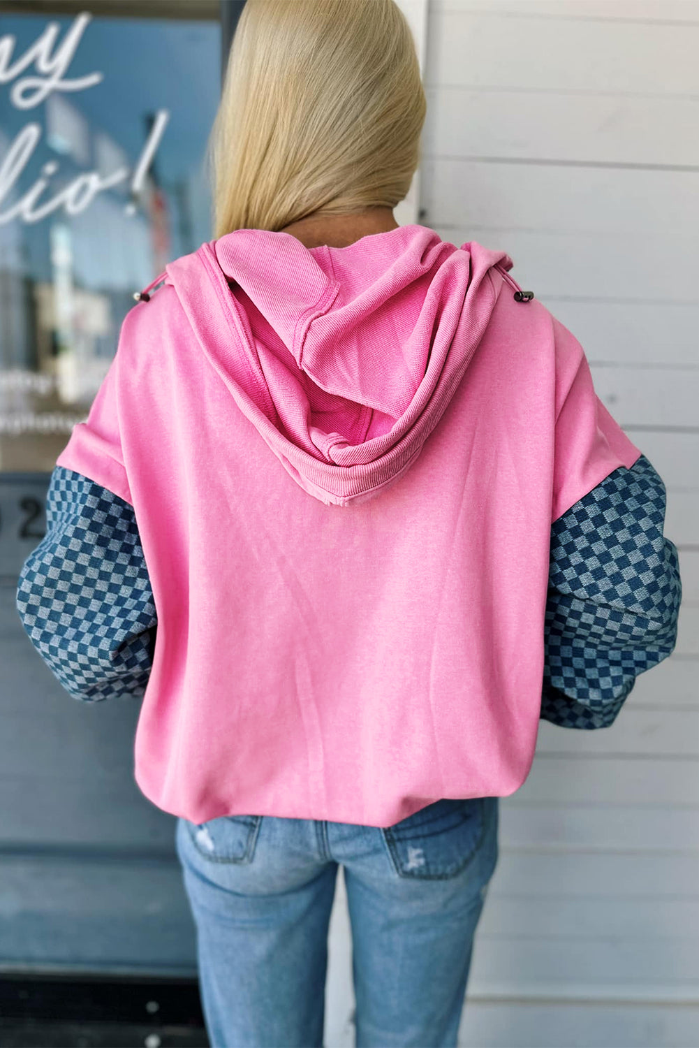 Bonbon Checkered Half Zipper Hoodie