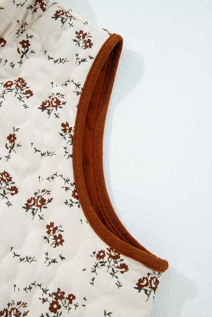 Apricot Floral Print Zip Up Quilted Vest