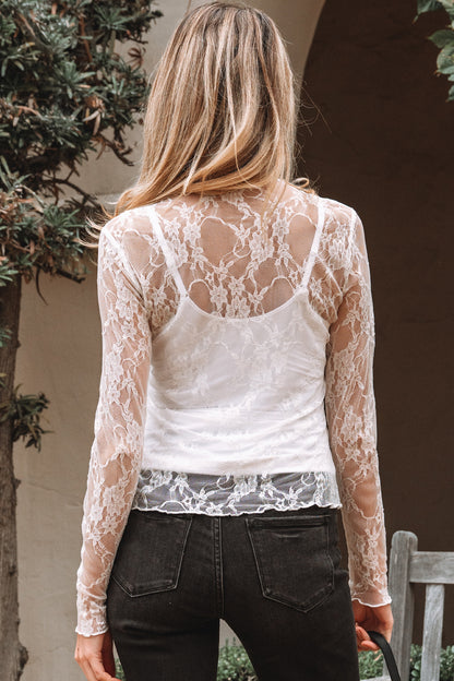 White Sheer Lace Mesh Mock Neck Slim Fit Long Sleeve Top