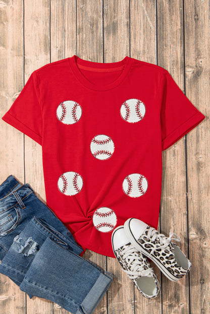 Red Glittering baseball  Pattern Crew Neck Game Day T Shirt