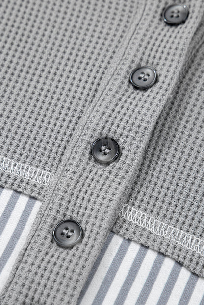 Gray Mixed Pattern Waffle Knit Patchwork Half Buttons Plus Hooded Top